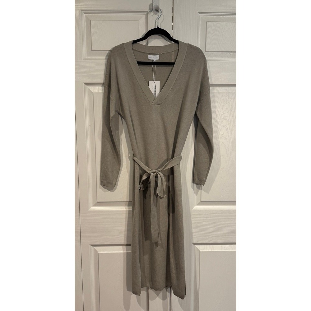 NWT Belted Taupe Chic Wrap Long sleeve Sweater Dress